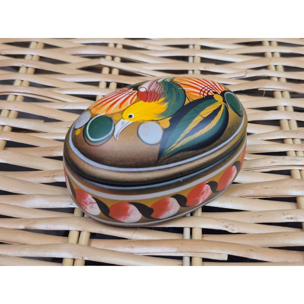 Vintage Mexican Folk Art Trinket Box Signed Tino Mex Hand Painted Bird Pottery